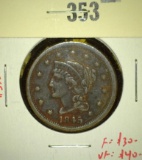 1845 Liberty Head Large Cent, F/VF, value $30-$40+