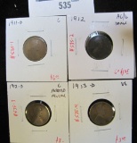 Group of 4 Lincoln Wheat Cents - 1911-D, G; 1912 AG/G dark; 1912-D, G rotated reverse & 1913-D, VG,