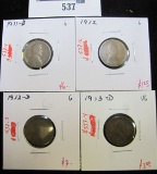 Group of 4 Lincoln Wheat Cents - 1911-D, G; 1912 G; 1912-D, G & 1913-D, VG, group value $17+