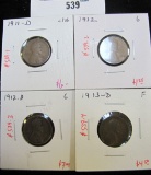 Group of 4 Lincoln Wheat Cents - 1911-D, G/VG; 1912 G; 1912-D, G & 1913-D, F, group value $18+