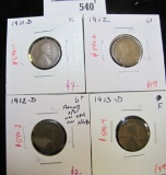 Group of 4 Lincoln Wheat Cents - 1911-D, VG; 1912 G+; 1912-D, G+, round spot on obverse on head & 19