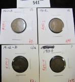 Group of 4 Lincoln Wheat Cents - 1911-D, VG; 1912 VG; 1912-D, G/VG & 1913-D, F, group value $20+