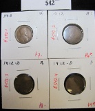 Group of 4 Lincoln Wheat Cents - 1911-D, VG; 1912 VF+; 1912-D, VG & 1913-D, F, group value $25+