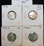 Group of 4 STEEL Lincoln Wheat Cents - 1943, BU; 1943, copper plated novelty; 1943-D, BU & 1943-S, B