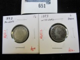 Pair of V Nickels - 1883 NO CENTS VG & 1883 with CENTS G dark, value for pair $28+