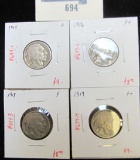 Group of 4 Buffalo Nickels - 1915, 1916, 1918 & 1919, all F, group value $29+