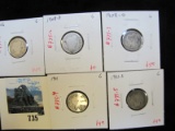 Group of 5 Barber Dimes, 1906, 1908-D, 1909-O, 1911, 1911-S, all G, group value $21+