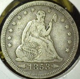 1853 Arrows & Rays Seated Liberty Quarter, VF, value $50+