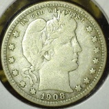 1908-O Barber Quarter, F, value $26