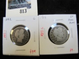 Pair of 2 Barber Quarters - 1892 G, 1915 G+ full rims, value $18+