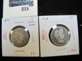 Pair of 2 Barber Quarters - 1893 G full rims, 1915-D G, value $16+