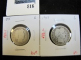 Pair of 2 Barber Quarters - 1895 G, 1915 G, value $19+