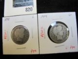 Pair of 2 Barber Quarters - 1898 G, 1914 G+, value $18+