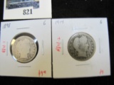 Pair of 2 Barber Quarters - 1898 G, 1914 G, value $18+