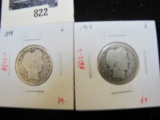 Pair of 2 Barber Quarters - 1898 G, 1914 G, value $18+