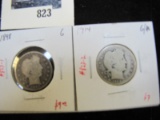 Pair of 2 Barber Quarters - 1898 G, 1914 G/AG, value $16+