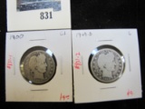 Pair of 2 Barber Quarters - 1900 G+, 1909-D G, value $18+