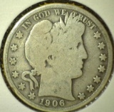 1906 Barber Half Dollar, G+, value $16+