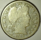 1912-D Barber Half Dollar, G, value $16+