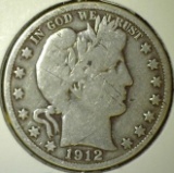 1912-S Barber Half Dollar, VG, value $18+