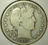 1915-S Barber Half Dollar, VG, value $17+