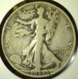 1933-S Walking Liberty Half Dollar, F, value $18+