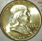 1956 Franklin Half Dollar, BU toned, VERY CLEAN FIELDS, MS64+, value $30+