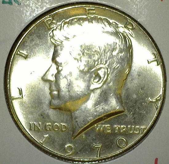 1970-D Kennedy Half Dollar, BU, low mintage from Mint Sets only, MS65 value $42+