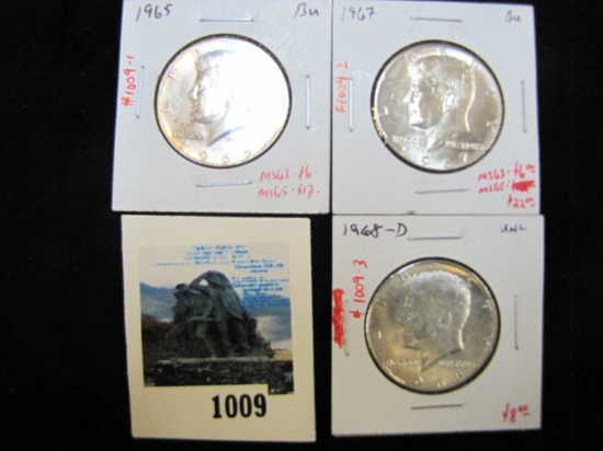 Group of 3 40% SILVER Kennedy Half Dollars, 1965, 1967 & 1968-D, all BU, group value $20+