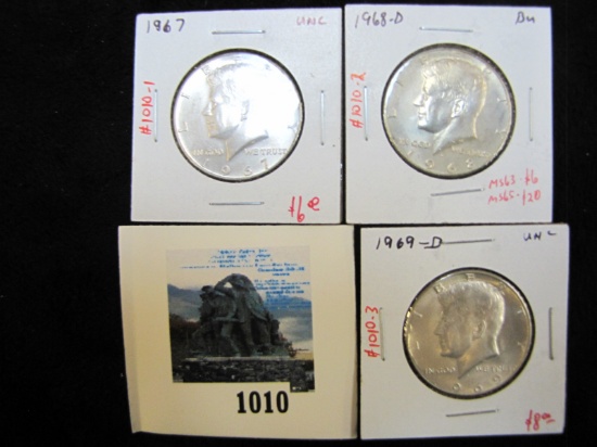 Group of 3 40% SILVER Kennedy Half Dollars, 1967 & 1969-D, both UNC & 1968-D BU, group value $20+