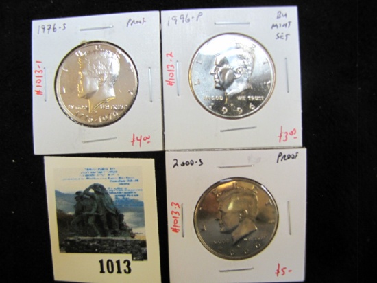 Group of 3 Kennedy Half Dollars, 1976-S & 2000-S, both PROOF; 1996-P, BU from Mint Set, group value