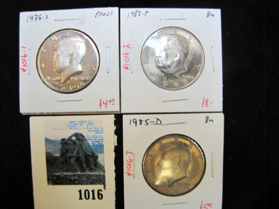 Group of 3 Kennedy Half Dollars, 1976-S PROOF; 1983-P & 1985-D, both BU, group value $17+