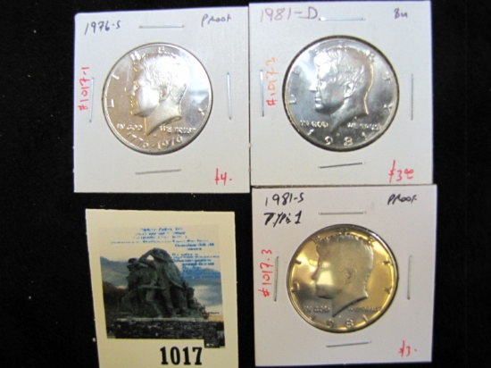 Group of 3 Kennedy Half Dollars, 1976-S & 1981-S Type 1, both PROOF; 1981-D, group value $10+