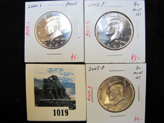 Group of 3 Kennedy Half Dollars, 2000-S PROOF; 2002-P & 2005-P, both BU from Mint Sets, group value