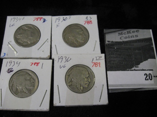 1930 P, 30 S, 34 P, & 34 D Buffalo Nickels, All G-VG.