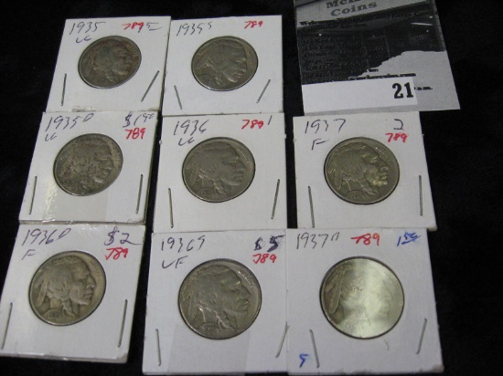 1935 P VG, 35 D VG, 35 S VG, 36 P VG, 36 D Fine, 36 S VF, 37 P Fine, & 37 D VG Buffalo Nickels