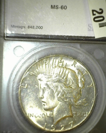 1927 P U.S. Peace Silver Dollar, slabbed by SEGS MS-60.