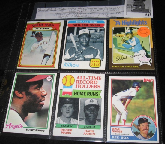 Topps Baseball Cards: 1972 No. 50 Willie Mays; 1973 No.473 Hank Aaron; 1974 No.1 Hank Aaron; 1978 No