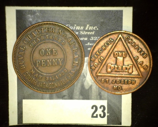 South Jacksonville, Florida & St. Joseph, Mo. Masonic Lodge Pennies.