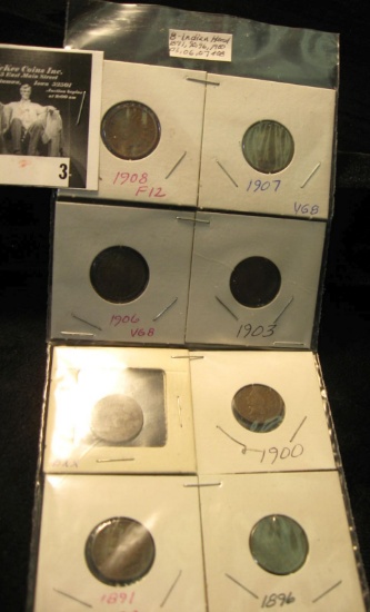 1890, 1891, 1896, 1900, 1903, 1906, 1907, & 1908 Indian Head Cents.