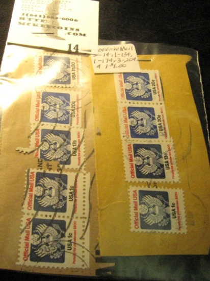 (3) One cent, (1) 13c, (1) 17c, (3) 20c, & (1) One Dollar U.S. Official Mail Stamps.