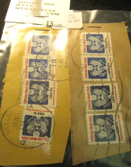 (2) One cent, (2) 13c, & (4) 20c U.S. Official Mail Stamps.