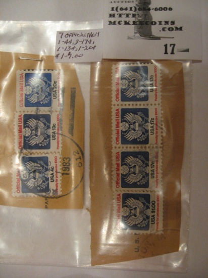 (1) Four cent, (1) 13c, (3) 17c, (1) 20c, & (1) One Dollar U.S. Official Mail Stamps.