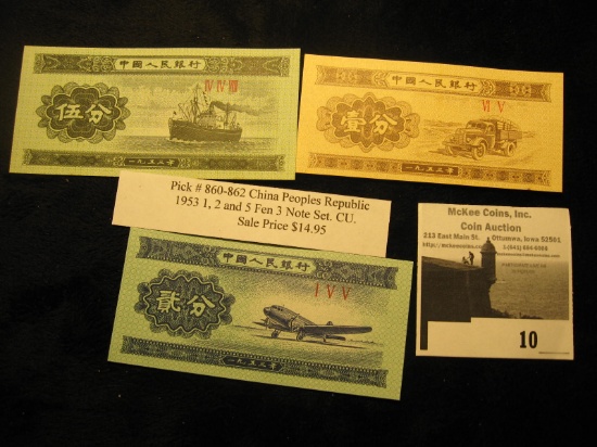 Pick # 860-862 China Peoples Republic, Series 1953 Crisp Uncirculated One, Two, and Five Fen 3 Note