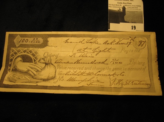 1897 Grand Lake, Arkansas $100 AT SIGHT Check depicting a customer's hand reaching through a Teller