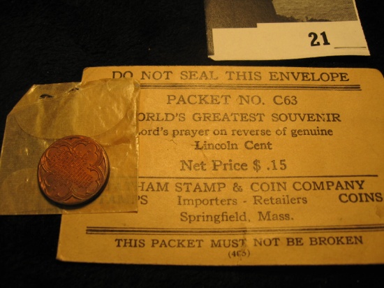 Original Tatham Stamp & Coin Co. Packet No. C63 includes a Lincoln Cent with Lord's Prayer struck on