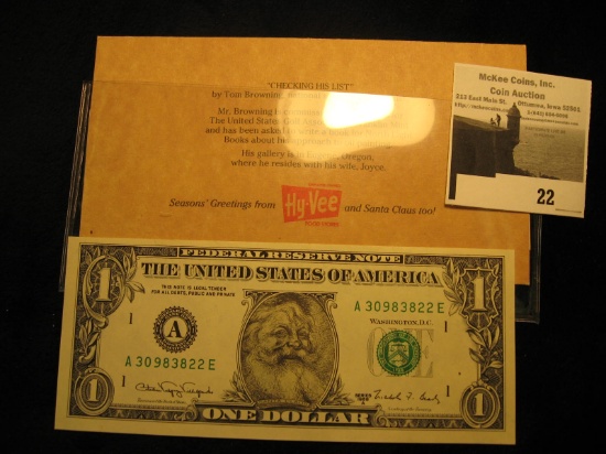 Hy-Vee Money envelope advertising Mr. Tom Browning's Santa Art complete with a Series 1988 A One Dol
