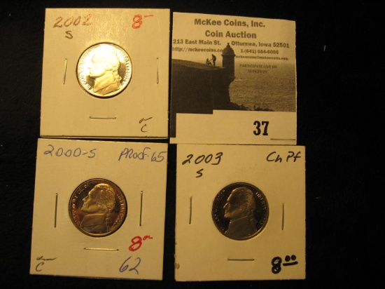 2000 S, 2002 S, & 2003 S Proof Jefferson Nickels.