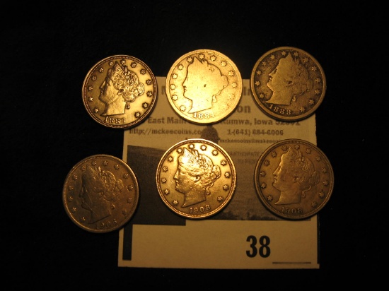 1883 No Cents, 1884, 1888, 1906, & (2) 1908 Liberty Nickels. Several better grades are included.