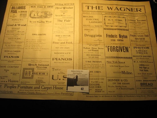 THE WAGNER December 6, 1899 advertising broschure for a Theater. Held in the Quad City area.